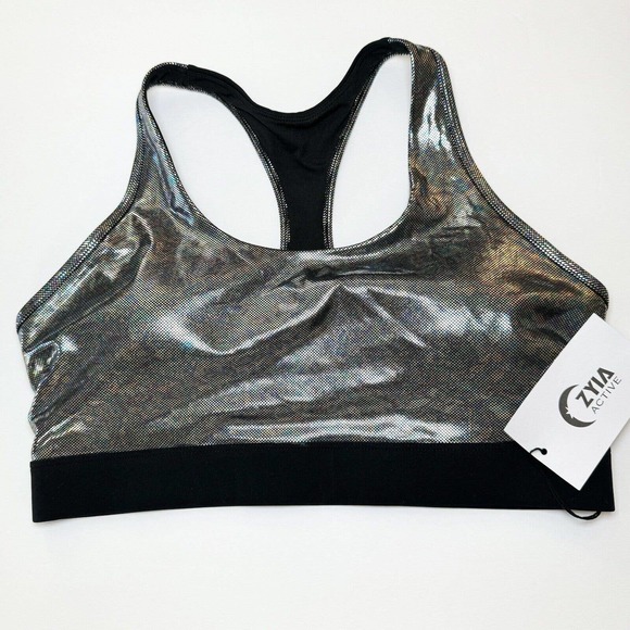 Zyia Sports Bra Women’s Holographic Disco Luxe Gunmetal Silver Racerback Size XL - Picture 2 of 8